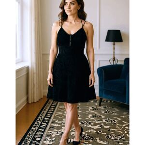 Badgley Mischka Vintage 90's Black Velvet Floral Textured Beaded Cocktail Dress